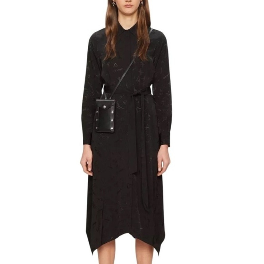 AllSaints Tilly Valentine Black Jacquard Midi Shirt Dress XS Asymmetric Edgy